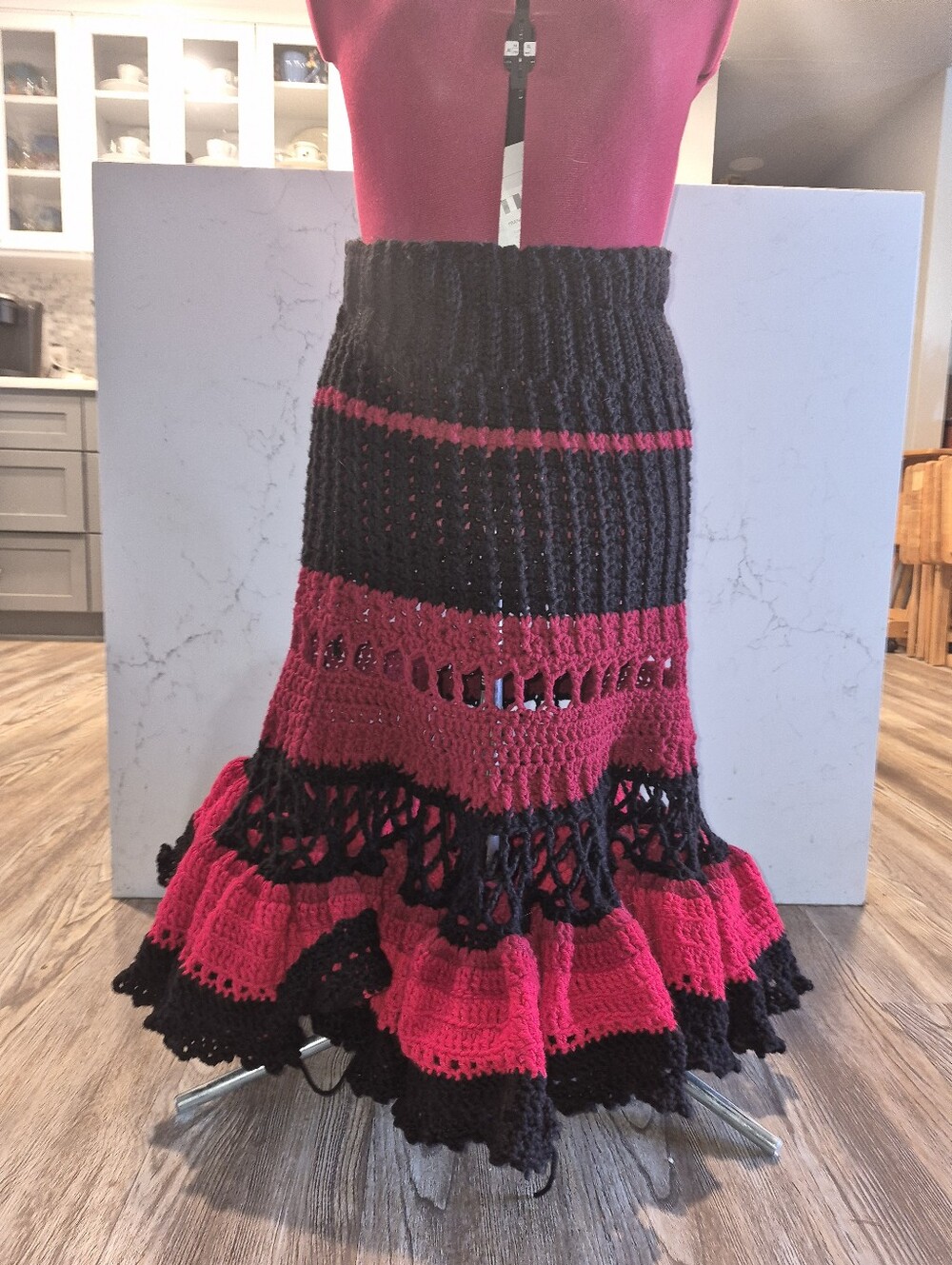 Handcrafted Black and Red Crochet Maxi Skirt